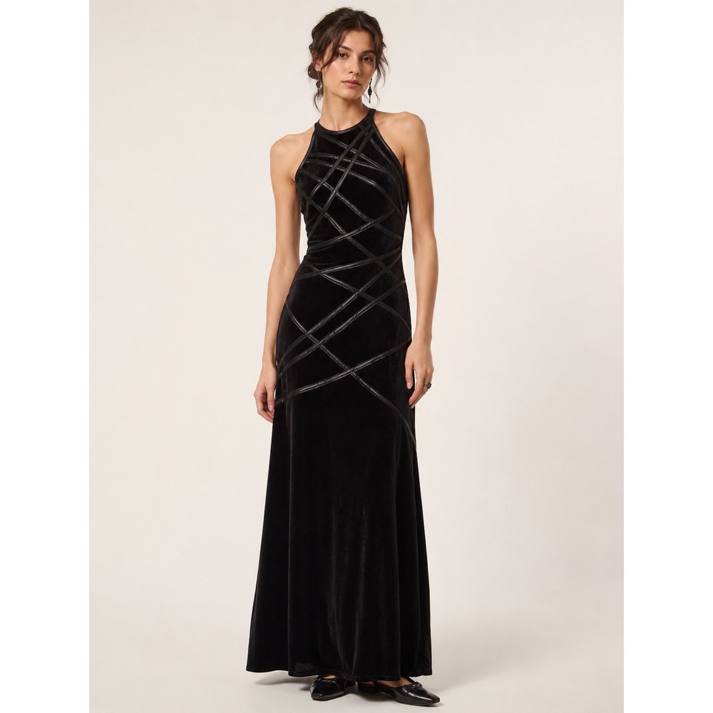 Cache Womens Vintage 90s Velvet Halter Maxi Dress Small Black Lattice Goth Gown